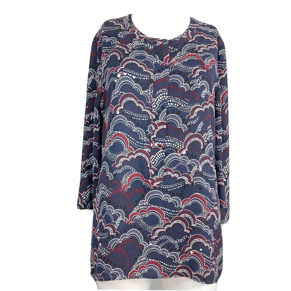 Express Shirt Womens Sz M Navy Blue‎ Red Cloud Print Long Sleeve Tunic Top